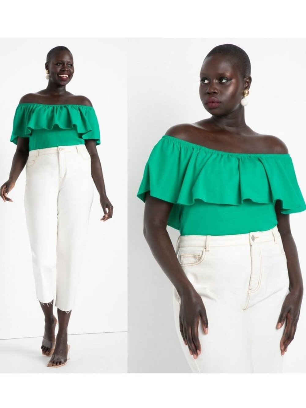 💚 NEW Eloquii Green Off the Shoulder Ruffle Top 22